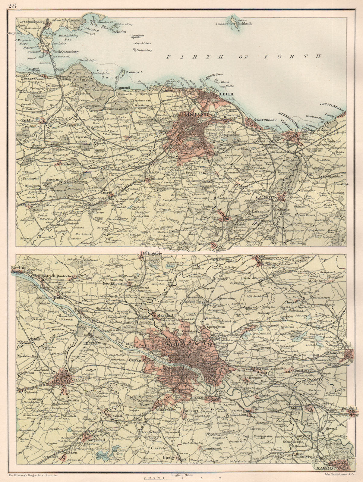 SCOTTISH CITIES.Edinburgh & Glasgow environs.Leith Paisley.BARTHOLOMEW 1891 map